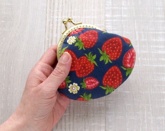 Navy blue frame purse with Strawberry, Berries coin purse, Summer gift for gardener, Red berry change pouch, Golden clasp frame wallet