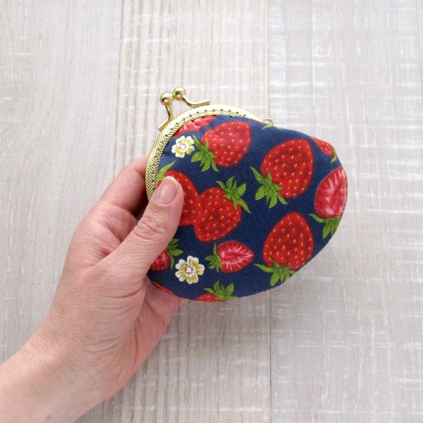 Navy blue frame purse with Strawberry, Berries coin purse, Summer gift for gardener, Red berry change pouch, Golden clasp frame wallet