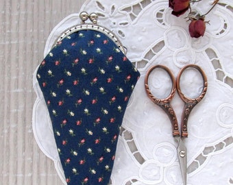 Blue scissors case with roses Embroidery scissors keeper Floral sewing organizer with frame clasp Needlework tools storage Seamstress gift