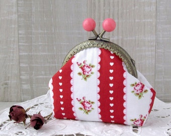 Red and white coin purse, Metal frame floral purse, Change pouch with roses and hearts, Red wallet with pink bobbles, Valentine's Day gift