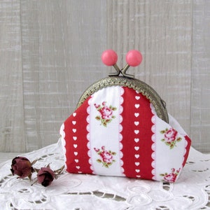 Red and white coin purse, Metal frame floral purse, Change pouch with roses and hearts, Red wallet with pink bobbles, Valentine&#39;s Day gift