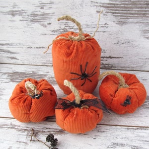 Orange Corduroy Pumpkins with Black Spiders, Halloween gift, Fall Home Decor, Autumn Farmhouse Decorating, Thanksgiving Decorations set of 4