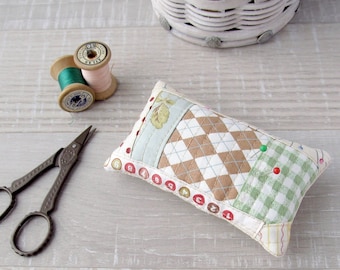 Pastel patchwork pincushion, Quilting cushion, Brown and light green checkered needle holder, Zero waste pins cushion, Seamstress gift