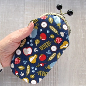 Navy blue eyeglass case with vegetables, fruits, Colorful glasses case, Kisslock frame eyeglass pouch, Blue eyeglass holder gift for grandma