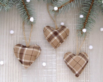 Brown plaid hearts, Tartan ornaments, Beige home decor, Christmas decoration, Rustic wedding, Valentines Day gifts, Brown Scottish tartan