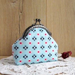 Light blue minimalist purse with black metal frame, Geometric coin purse, Crosses print change pouch Retro style gift for her, Cotton wallet