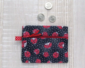 Black zipper pouch with Red ladybugs, Polka dots small coin purse, Black and red wallet, Ladybirds Business Card Holder, Zipper Card Case