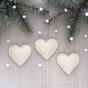 Cream burlap hearts, Linen home ornament, White rustic Christmas decor, Valentines Day gifts, Wedding love decoration, Scandinavian style
