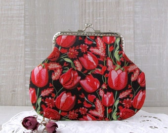 Tulips frame purse, Red and black handbag, Spring flowers clutch, Blooming cosmetic bag, Floral change pouch, Red love gift for her