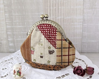 Porte-monnaie patchwork rustique, sac à main cadre trèfle, pochette à langer en coton et lin, sac à main floral brun, portefeuille Scrappy à pois, cadeau OOAK