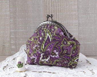 Paisley coin purse, Purple and Green purse, Change pouch with kisslock, Royal purple paisley, Floral violet wallet, Retro style coin pouch