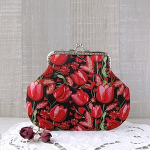 Tulips frame purse, Red and black handbag, Spring flowers clutch, Blooming cosmetic bag, Floral change pouch, Red love gift for her image 1