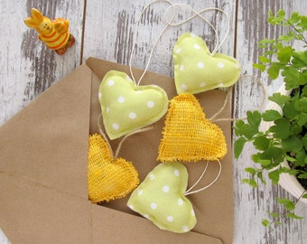 Easter home decor, Burlap hearts ornament, Yellow and apple green decoration, Easter treat gift, Rustic linen decor, Summer wedding ornament