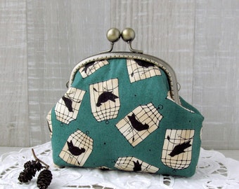 Emerald green purse with birds, Primitive style handbag, Black bird in cage coin purse, Green clasp change pouch, Bird cages cosmetic bag