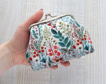 Wildflowers purse, Evening small clutch, Garden red flowers and green plants frame purse, Floral cosmetic bag, Wedding purse, Change pouch