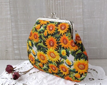 Sunflowers purse, Yellow and green clutch, Ukrainian flowers cosmetic bag, Floral change pouch, Wedding frame purse, Summer gift for her