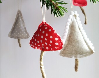 Christmas Ornaments, Linen Christmas Tree, Red mushrooms, Polka dots amanita, Fabric home decorations, Primitive style decor, Holidays gift