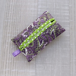 Purple green paisley tissue holder, Travel tissue case,  Floral cotton tissue cover, Violet tissue case, Polka dots pocket napkin case