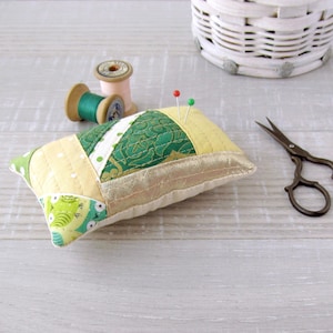 Green, yellow patchwork pincushion, Polka dots needle holder, Zero waste quilting cushion, Seamstress gift, Sewing accessory, Pin cushion