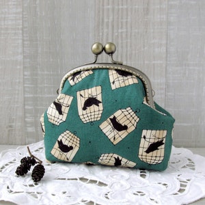 Bolsa verde esmeralda com pássaros, bolsa estilo primitivo, porta-moedas pássaro preto em gaiola, bolsa de troca com fecho verde, bolsa cosmética para gaiolas de pássaros