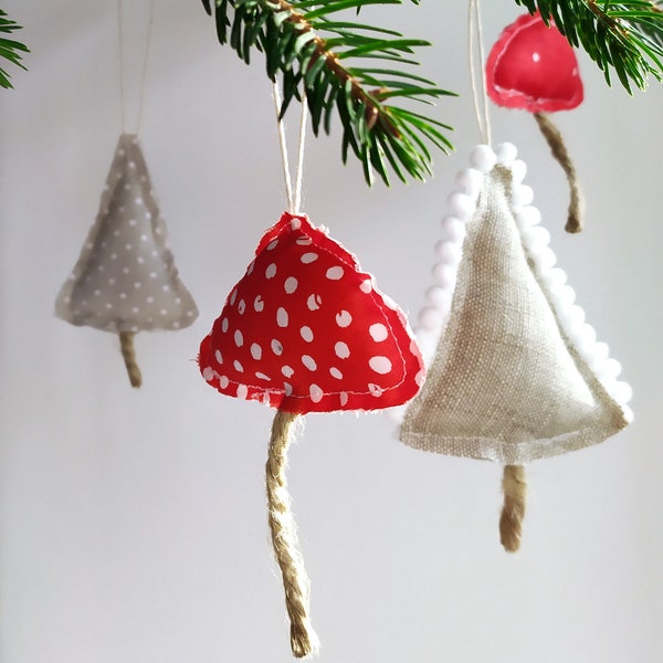 Christmas Ornaments, Linen Christmas Tree, Red mushrooms, Polka dots amanita, Fabric home decorations, Primitive style decor, Holidays gift