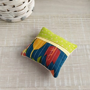 Green patchwork pincushion, Needle holder with leaves, pin cushion, Green and yellow quilting pincushion, Needlework spring gift for quilter