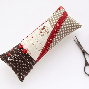 Patchwork pincushion with cats, Sewing cushion, Red and brown needle holder, Kitten pin cushion, Polka dots needle holder, seamstress gift