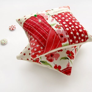 Red Patchwork  Pincushion, Floral Needle Holder, Polka Dots Pillow Needle, Pin Cushion, Patchwork OOAK Gift, Sewing Accessory