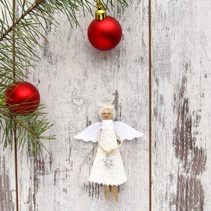 Christmas Ornaments, White Angels, Christmas Burlap Decor, Home Decoration, Christmas Clothespin Dolls  - Set of 3, Choose your color