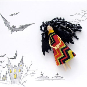 Halloween Witch, Clothespin Dolls, Thanksgiving Holiday Decor, Halloween Ornaments, Orange Autumn Decorations, Black Angel, Halloween gift