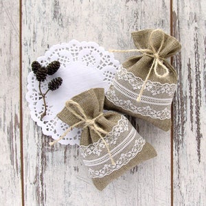 Rustic favor bags, Wedding burlap favor, Lace gift bags, Baptism favor bags, Candy small bag, Burlap and lace bag, Wedding favors image 1