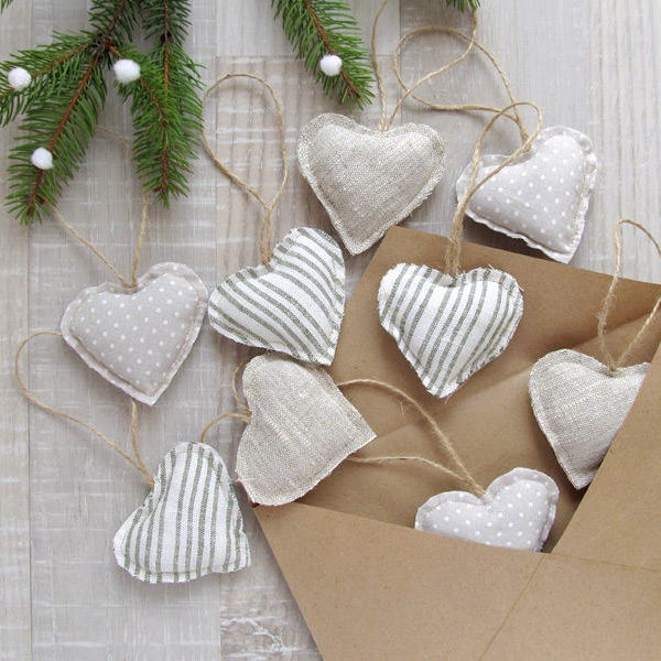 Linen Hearts Ornament, Scandinavian Style Decor, Valentines Day gift, Christmas Home Decor, Rustic hearts ornaments, Wedding Love Decoration