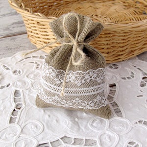 Rustic favor bags, Wedding burlap favor, Lace gift bags, Baptism favor bags, Candy small bag, Burlap and lace bag, Wedding favors image 2