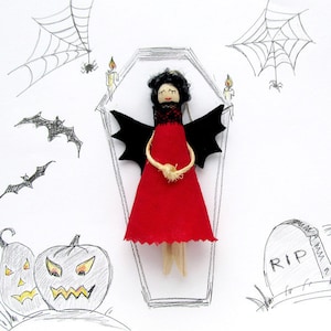 Halloween Clothespin Doll, Red Vampire, Witch Ornament, Halloween Angel, Holiday Decor, Halloween Alternative Gift, Autumn Decorations