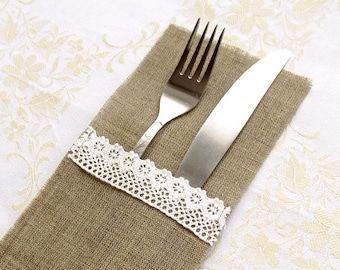 Burlap silverware holder with white lace, rustic cutlery holder, Lace silverware holder