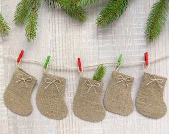 Rustic Advent Calendar, Mini Christmas Stockings, Burlap ornaments, Christmas Tree Decorations, Holiday Home Decor, Christmas gifts packing