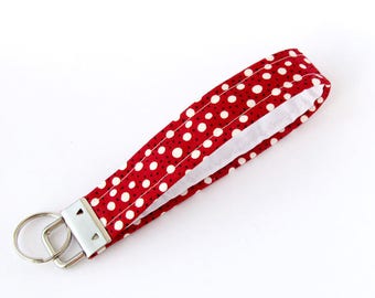 Red keychain, Polka dots key fob, Fabric key chain, White polka dots keychain, Wristlet strap keychain, Small gift