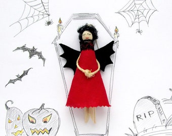 Halloween Clothespin Doll, Red Vampire, Witch Ornament, Halloween Angel, Holiday Decor, Halloween Alternative Gift, Autumn Decorations
