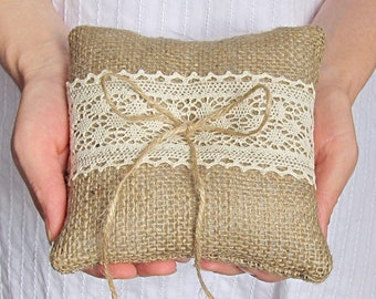 Wedding ring pillow, burlap and lace bearer pillows, lace wedding pillow, rustic ring pillow, wedding ring bearer pillows, wedding cushion