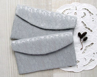 Set of 2 Wedding clutch, Gray bridal purse, Lace bridesmaid clutch, Wedding favor gift, Bridesmaid makeup bag, Grey purse, Evening clutch