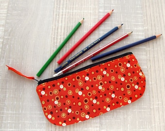 Orange pencil case, Polka dots zipper pouch, Needlework Autumn change purse, Jewelry storage, Orange wallet, Makeup Cosmetic bag, Fall gift