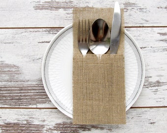 Burlap silverware holder, wedding table decor, rustic cutlery holder, holiday table decor