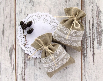 Rustic favor bags, Wedding burlap favor, Lace gift bags, Baptism favor bags, Candy small bag, Burlap and lace bag, Wedding favors