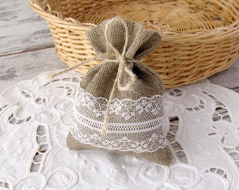 50 Baptism favor bags, Wedding burlap bags, Lace gift bags, Rustic favor bags, Candy small bag, Burlap and lace bag, Wedding favors