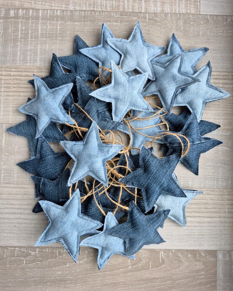 Denim stars, Christmas Ornaments, Boho Home Decor, Jeans stars, Valentines Day gift, Wedding Love Decoration, Upcycle Denim, Recycle Jeans image 8