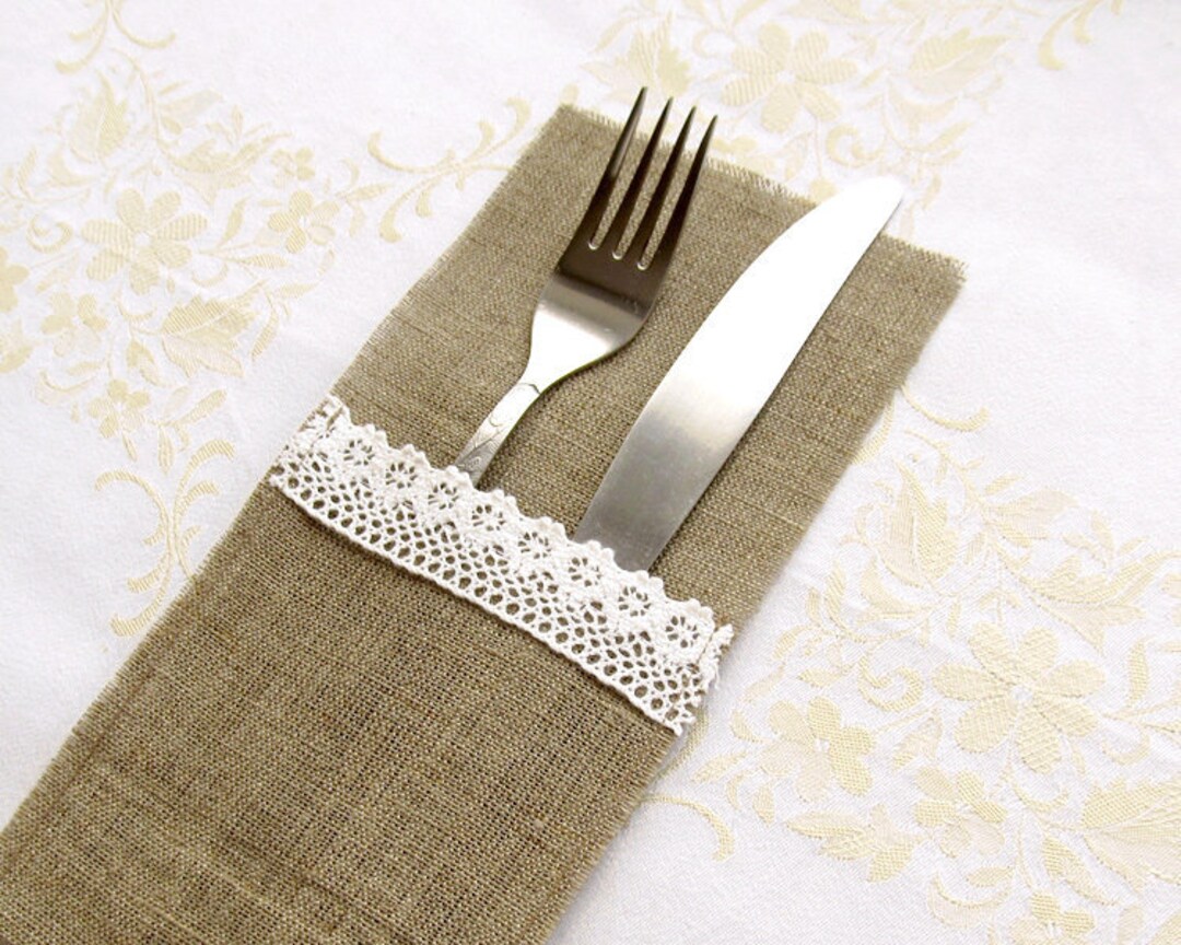 Burlap Silverware Holder With White Lace, Rustic Cutlery Holder, Lace ...