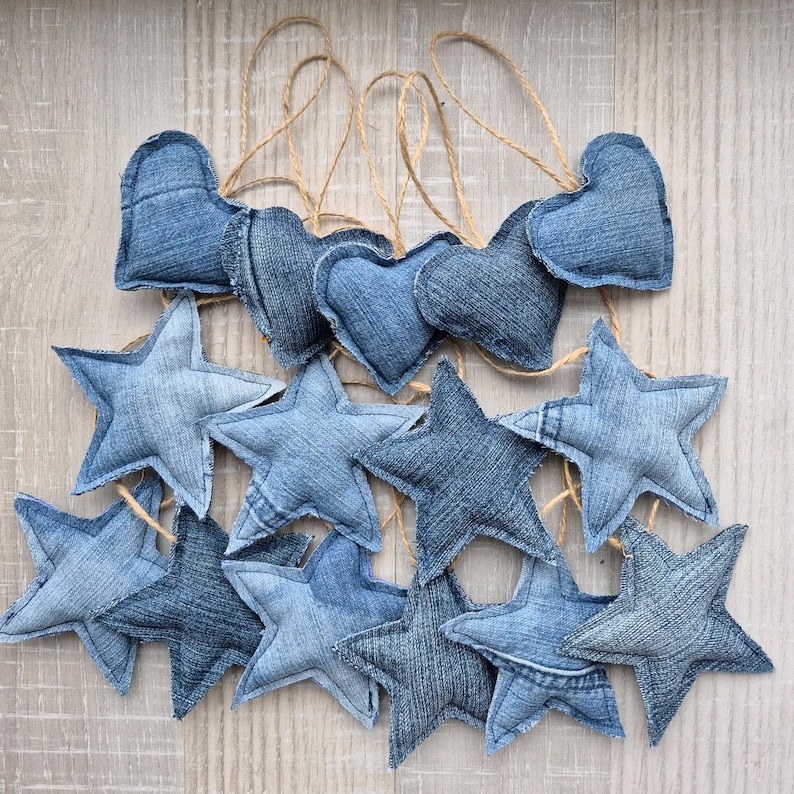 Denim stars, Christmas Ornaments, Boho Home Decor, Jeans stars, Valentines Day gift, Wedding Love Decoration, Upcycle Denim, Recycle Jeans image 3