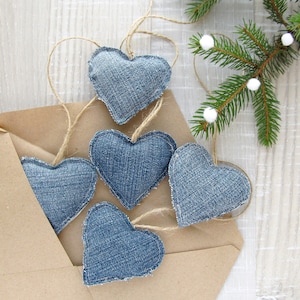 Denim Hearts, Christmas Ornaments, Boho Home Decor, Jeans hearts, Valentines Day gift, Wedding Love Decoration, Upcycle Denim, Recycle Jeans