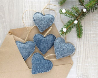 Denim Hearts, Christmas Ornaments, Boho Home Decor, Jeans hearts, Valentines Day gift, Wedding Love Decoration, Upcycle Denim, Recycle Jeans