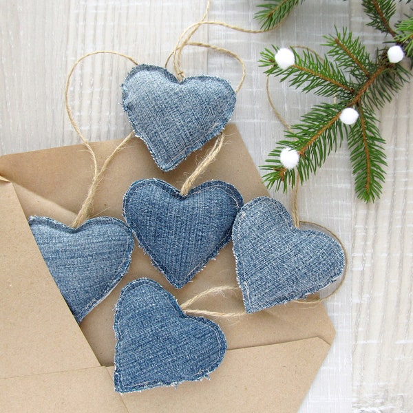 Denim Hearts, Christmas Ornaments, Boho Home Decor, Jeans hearts, Valentines Day gift, Wedding Love Decoration, Upcycle Denim, Recycle Jeans